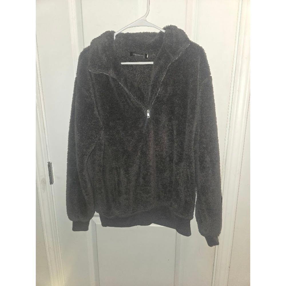 MEROKEETY Womens XL Charcoal Gray Fuzzy Sherpa Fleece 1/4 Pullover Jacket